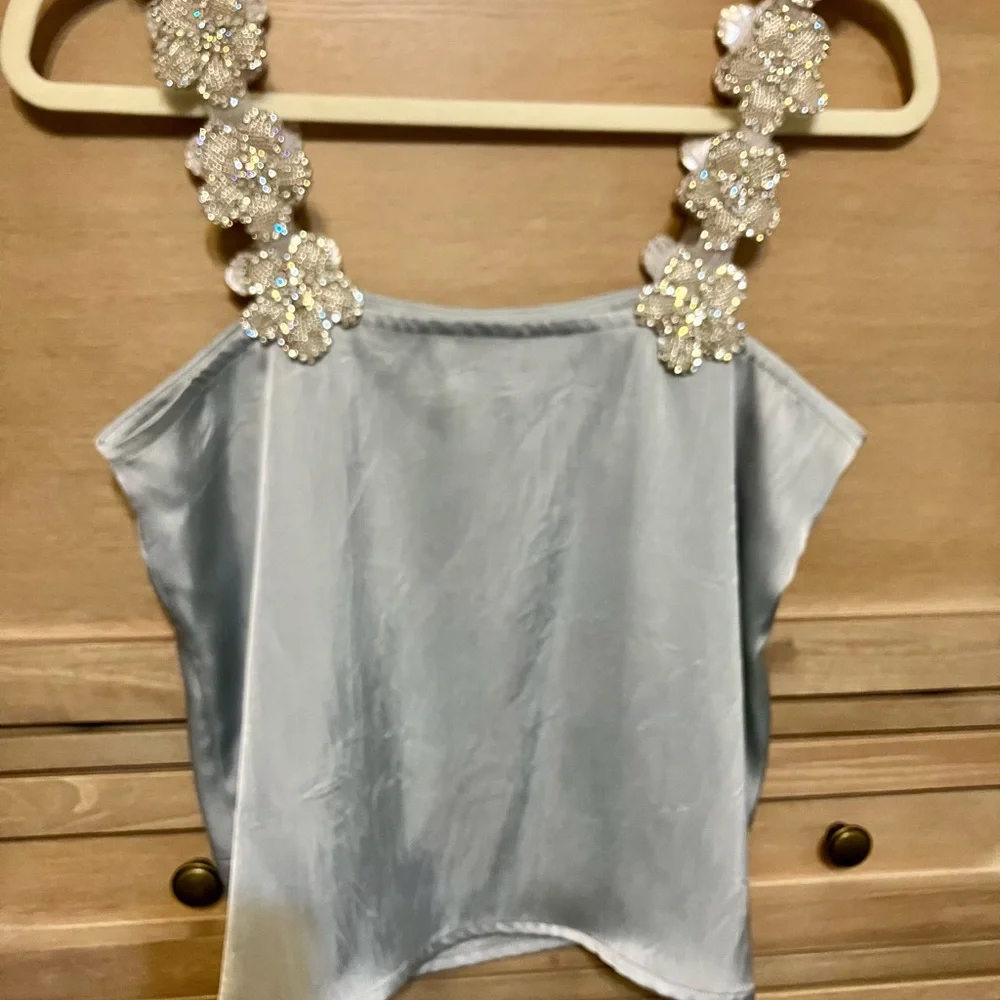 Blue Tassel Women's Silk Camisole with Floral Beaded Embellished Straps - Picture 3 of 5
